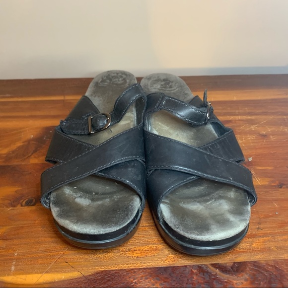 Dansko Sela Slide Mule Black Leather Wedge Sandals - Picture 4 of 9